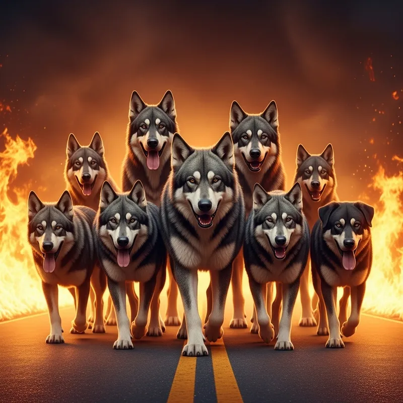 Pack of Wolf Dogs Walking on Hot Road with Fiery Background Pack of Wolf Dogs Walking on Hot Road with Fiery Background