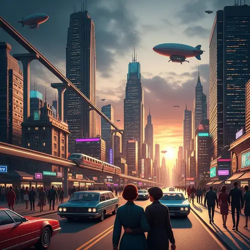 Retro-Futuristic Cityscape: Vibrant Skyline & Neon Lights