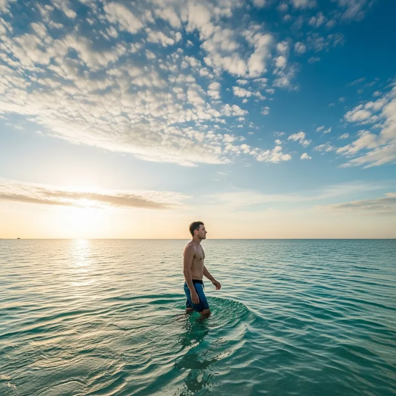 Man Walking Waist-Deep in the Sea in Shorts