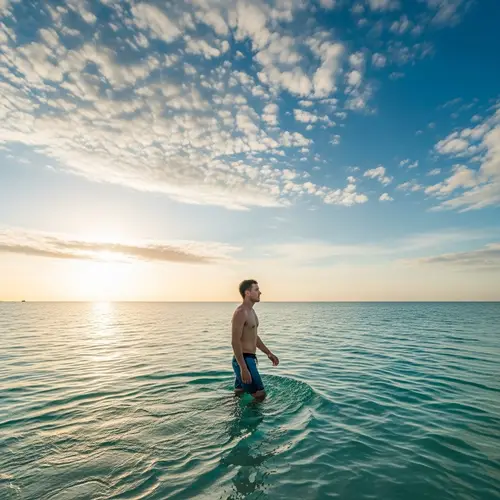 Man Walking Waist-Deep in the Sea in Shorts