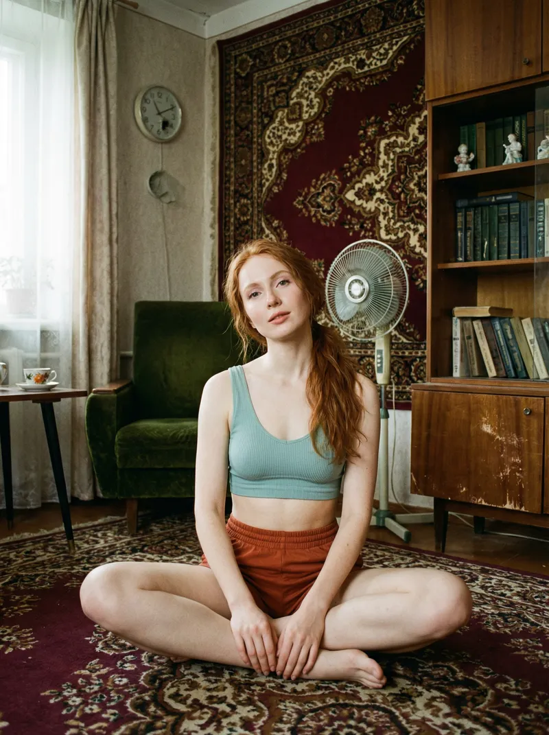 Soviet Fit Girl on Carpet: A Photorealistic Portrait