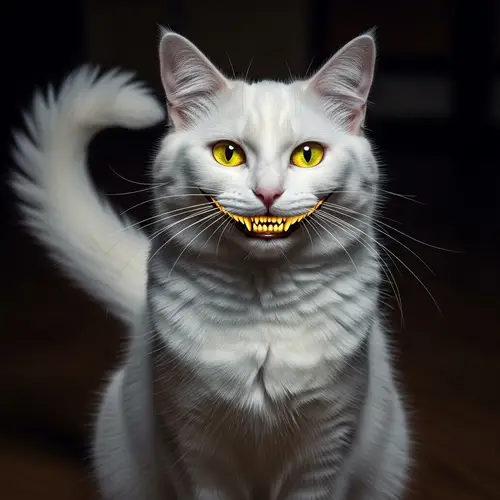 Evil Laughing Cat: Striking Yellow Eyes & White Fluffy Fur