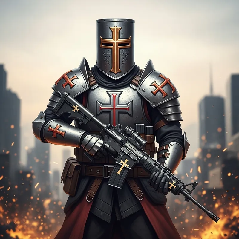 Modern Holy Crusader with Cross-Embellished Gun