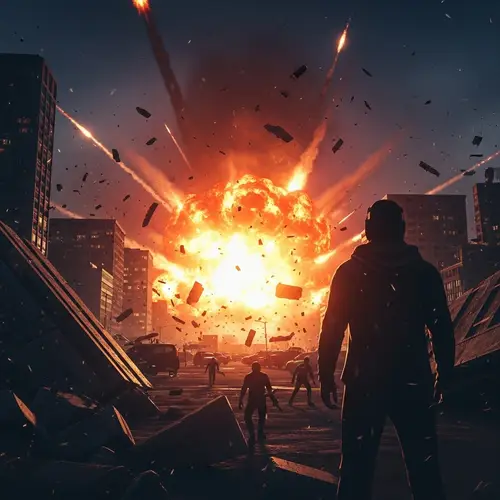 Massive Fireball Explosion Amidst Cityscape Chaos
