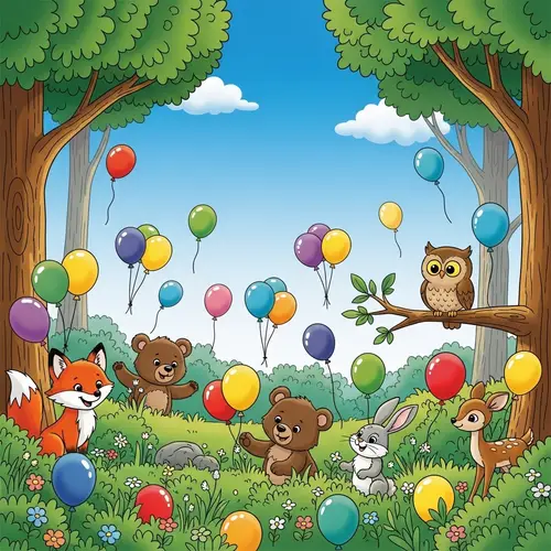 Colorful Children's Forest Scene with Balloons