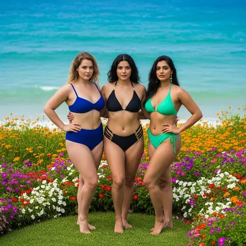 Stunning Diverse Women in Micro Bikinis at Seaside Garden
