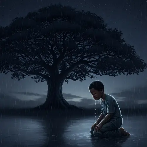 Melancholic Black Boy Kneeling in Rain Under Tree