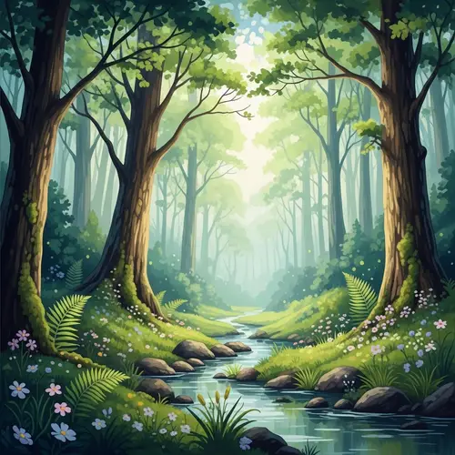 Enchanted Forest Watercolor Landscape - Mythical Nature Imagery