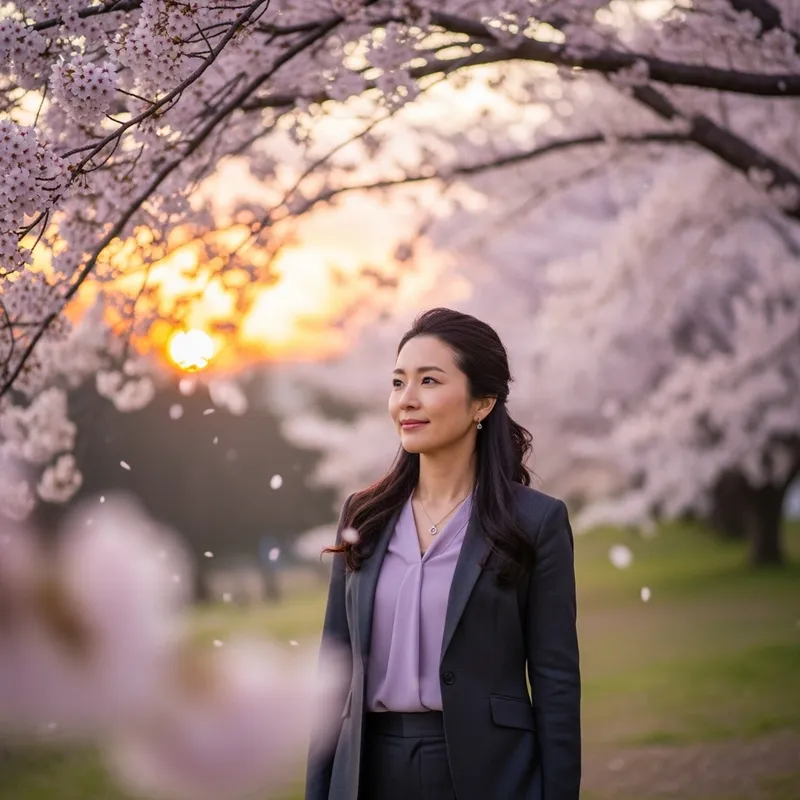 Asian Woman in Beautiful Cherry Blossom Setting