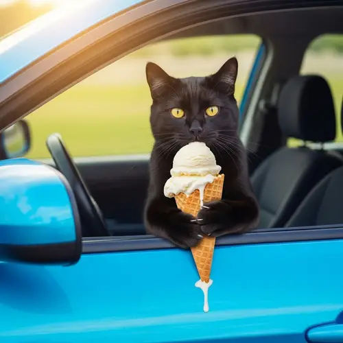Black Cat Enjoying Vanilla Ice Cream in Blue Car