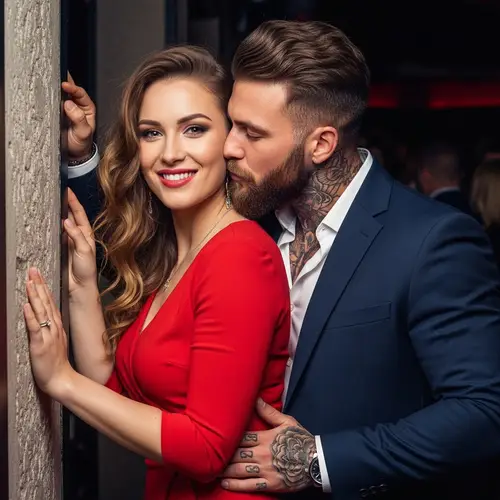 Radiant Caucasian Woman & Husband in Resplendent Red Dress | Romantic Night Scene