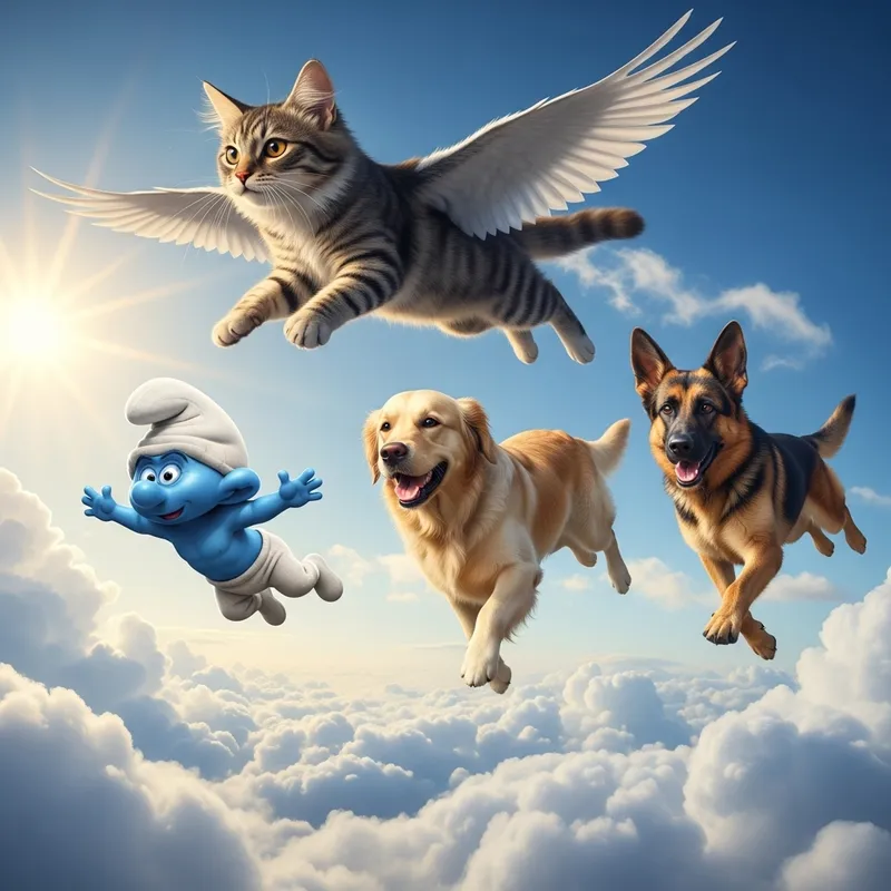 Flying Cat and 3 Dogs with a Smurf