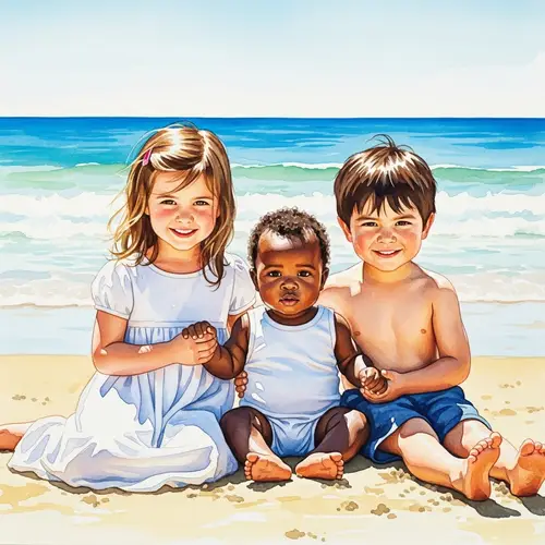 Children Enjoying Beach Day Watercolor Painting