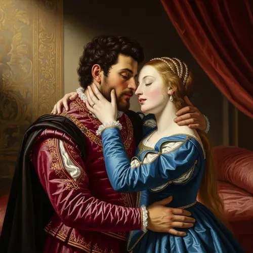 Renaissance Style Oil Painting of Passionate Embrace