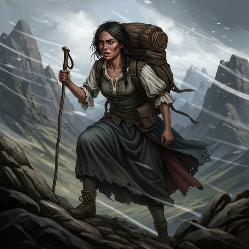 Baroque-Style Hiking Illustration with Weary Hispanic Woman