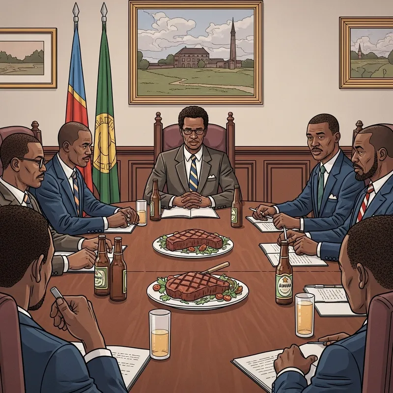 African Government Officials in Council Meeting with Steak Plate and Beers