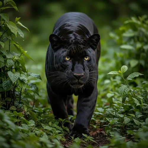 Majestic Black Panther Prowling in Tropical Rainforest