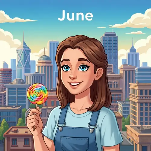 June Holding Lollipop in Cartoon Style City Scene
