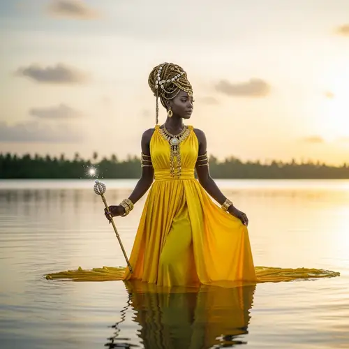 African Goddess Oshun in Yellow Dress Standing in Water