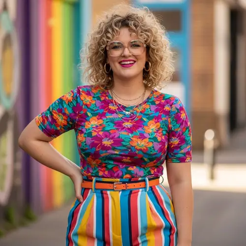 Stylish Woman with Curly Blonde Hair | Trendy Outfit