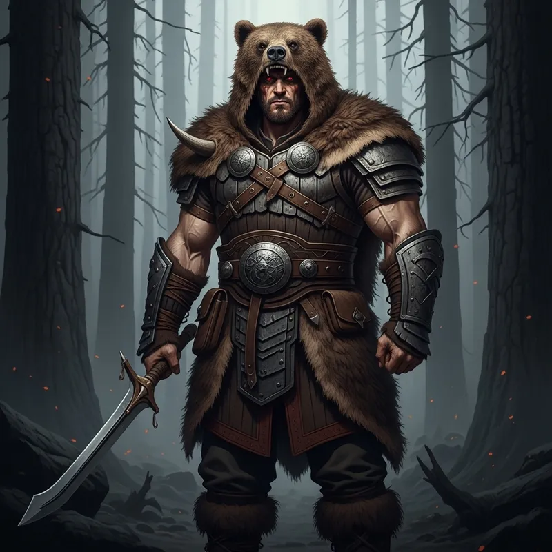 Muscular Man in Bearskin Armor with Red Eyes