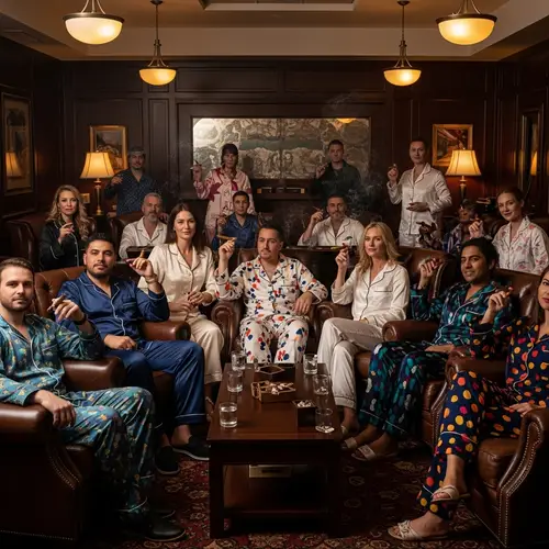 Colorful Pajama Party in Sophisticated Cigar Lounge