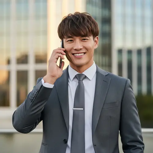 Stylish Asian Man in Charcoal Grey Suit with Cellphone