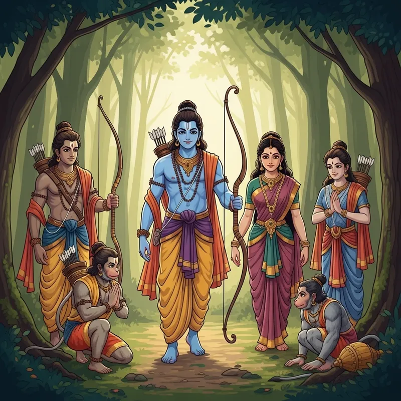 Ramayana Rama with Sita, Bharata, Hanuman in Forest