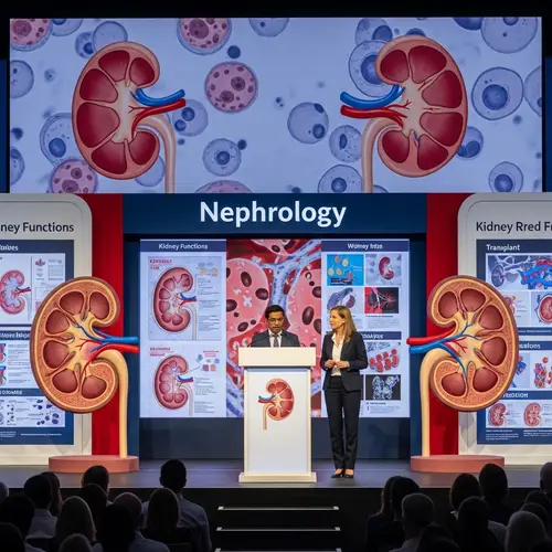 Nephrology Stage Decor: Kidney Models, Cell Views & Speakers