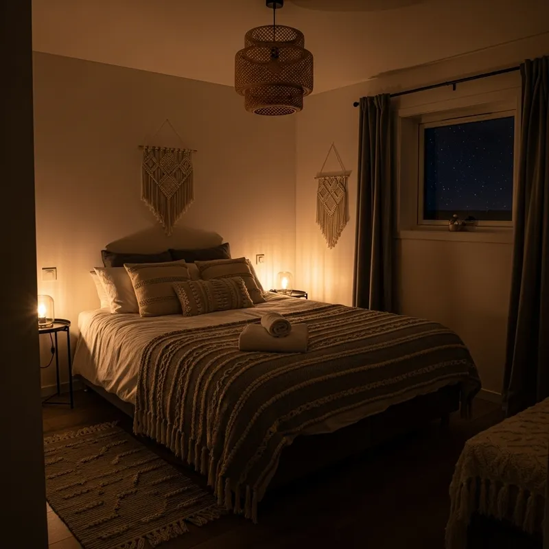 Warm Bohemian Bedroom with Double Bed and Starlit Charm Warm Bohemian Bedroom with Double Bed and Starlit Charm