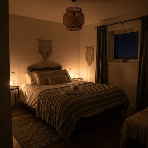 Cozy Bohemian-Style Bedroom with Double Bed and Starlit View