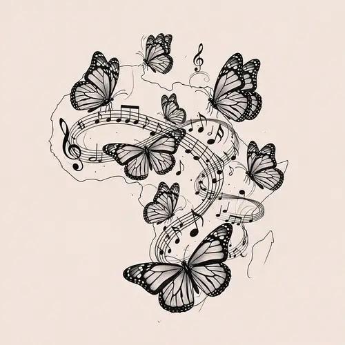 Butterfly and Musical Note Tattoo Design with African Continent Shape