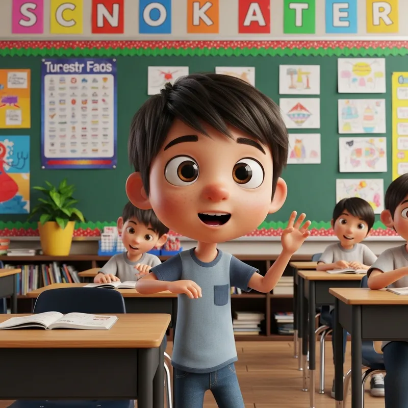 Diverse Classroom Scene: Student with Cartoon Face