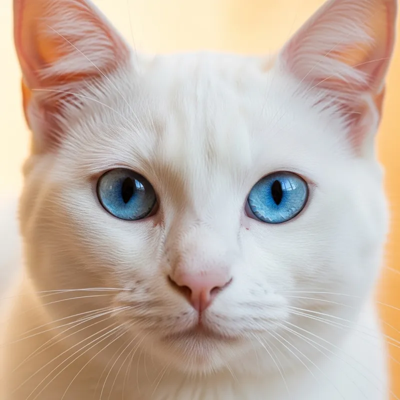 White Cat with Striking Blue Eyes on Soft Orange Background White Cat with Striking Blue Eyes on Soft Orange Background