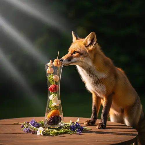 Crafty Fox Approaching Tall Narrow Vase | Wildlife Scene