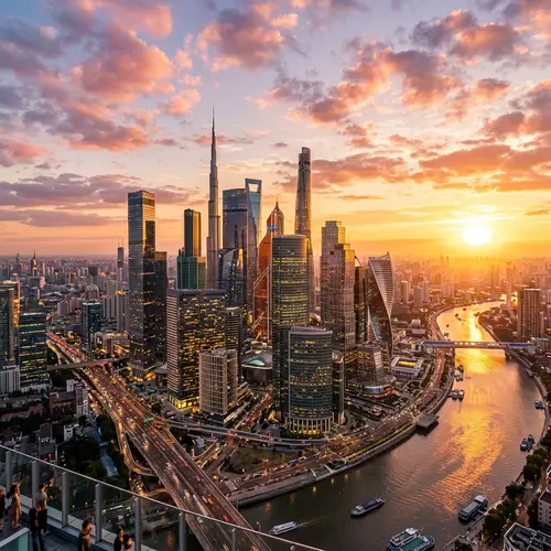 Majestic Urban Skyline at Sunset: Architectural Beauty Captured