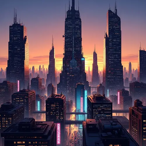 Futuristic Cityscape at Sunset - Cyberpunk Urban Panorama