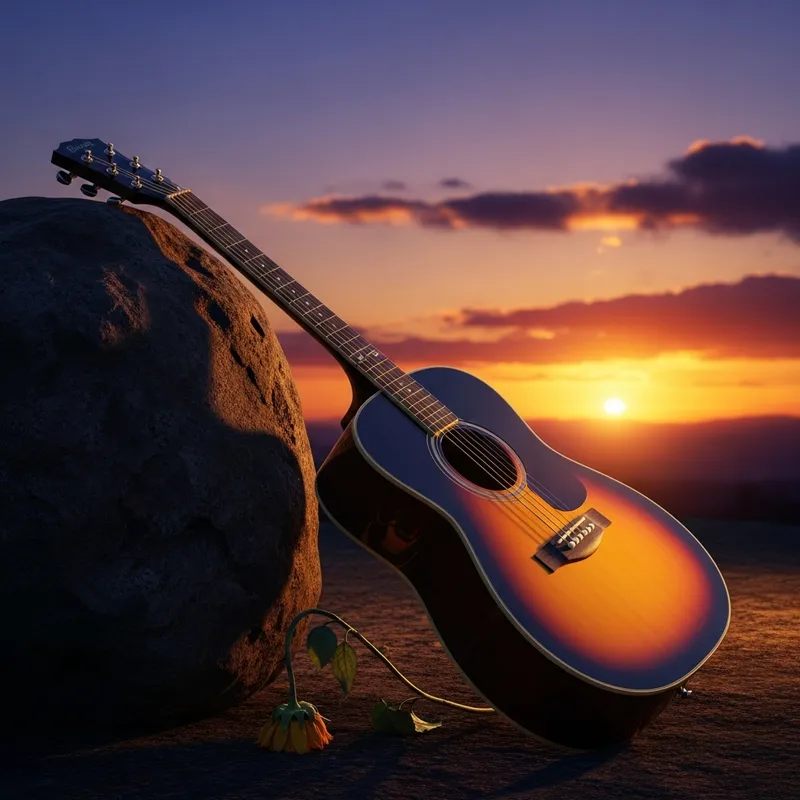Sunset Guitar by the Rock: Wilted Flower in Background Sunset Guitar by the Rock: Wilted Flower in Background