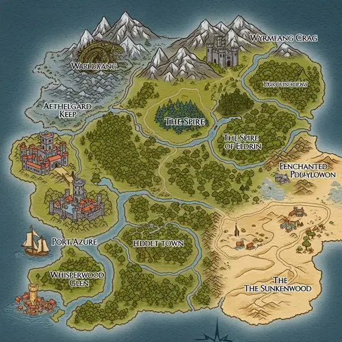 Fantasy Dungeons & Dragons Map with Landscapes and Settlements