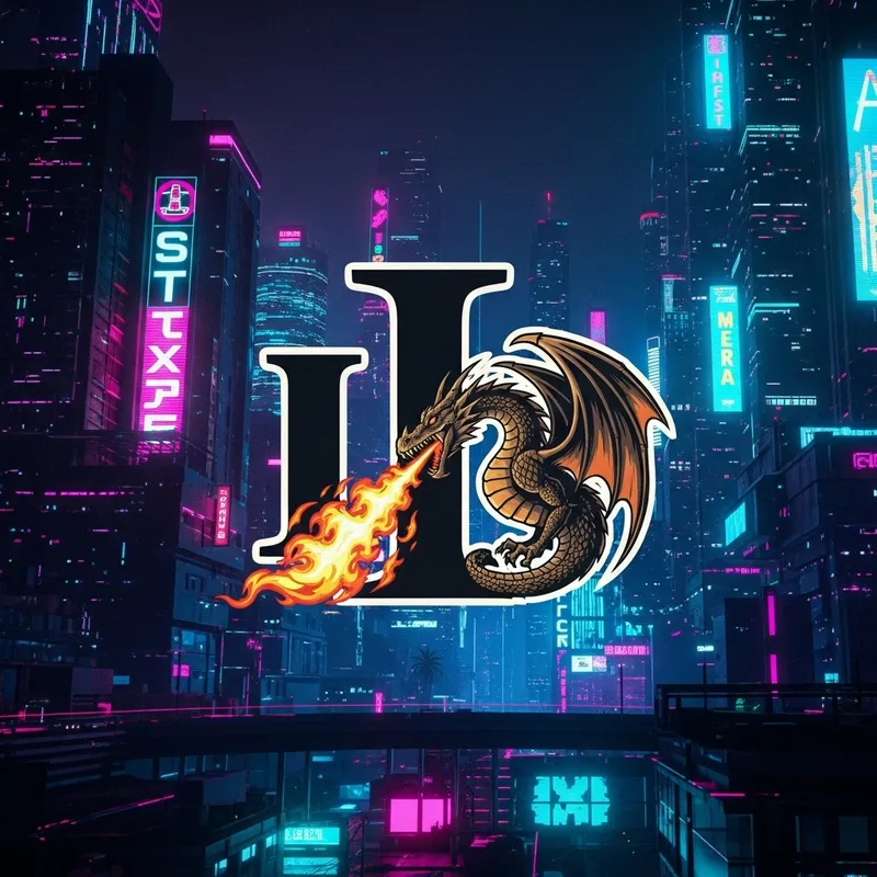 Fiery Dragon Logo in Neon Cyber City - Urban Fantasy Design