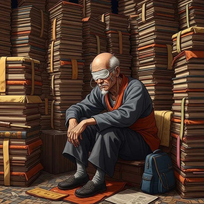 Elderly Blind Man Lost in Enormous Buddhist Treasure