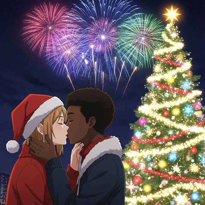 Romantic Anime Couple Christmas Kiss with Festive Fireworks Romantic Anime Couple Christmas Kiss with Festive Fireworks