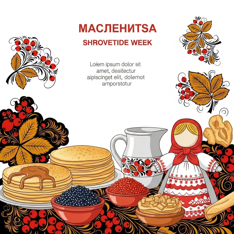 Flat Illustration of Maslenitsa Festival with Pancakes and Khokhloma Art
