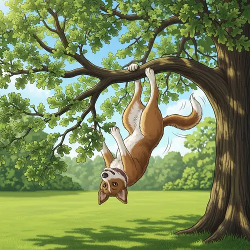 Whimsical Dog Hanging From Oak Tree | Adventure Illustration