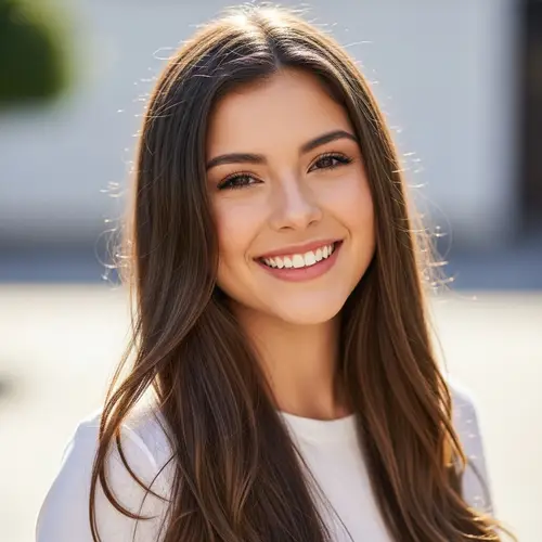 Smiling Hispanic Woman with Long Brown Hair