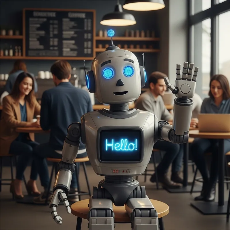 Friendly Animated Robot Saying Hello in Modern Coffee Shop
