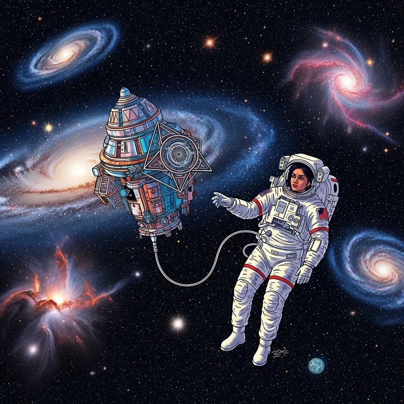 Abstract Space Exploration: Cosmic Entities and South Asian Woman Astronaut Abstract Space Exploration: Cosmic Entities and South Asian Woman Astronaut