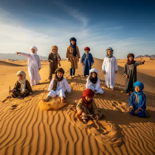 Diverse Children Playing in Traditional Attire on Desert Sand Dunes