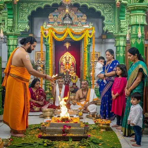 Indian Priest Conducting Colorful Havan Ritual in Temple