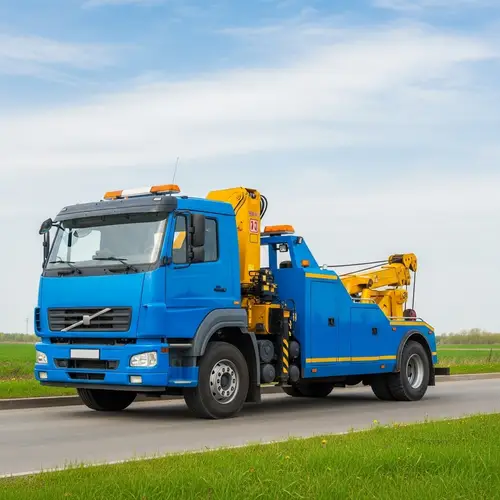 Sturdy Bright Blue Tow Truck with Yellow Crane Arm - Heavy-Duty Work